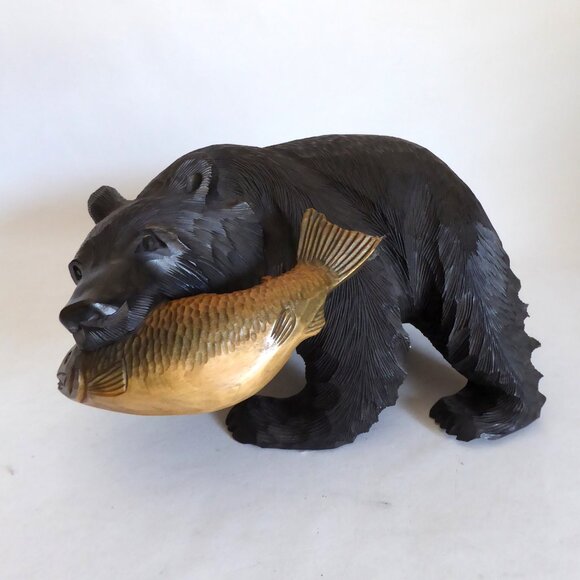 Other - VINTAGE LARGE HOKKAIDO JAPAN JAPANESE AINU HAND CARVED WOOD BEAR WITH SALMON